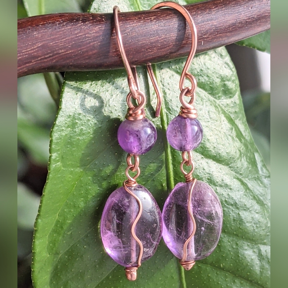 Dreamy Amethyst Gemstone Earrings Hand Wrapped In Pure Copper Wire